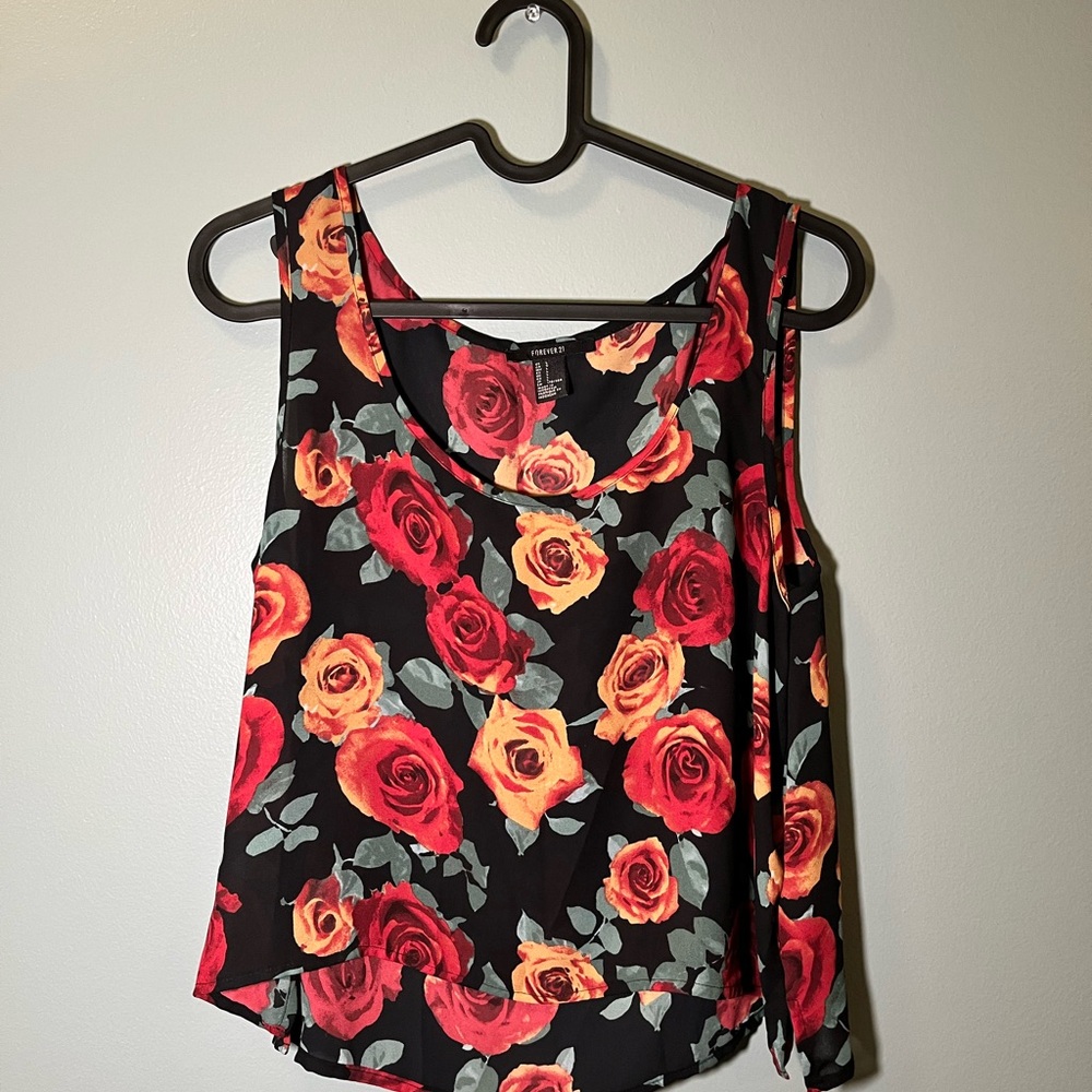 floral print sleeveless top - black with red and yellow roses